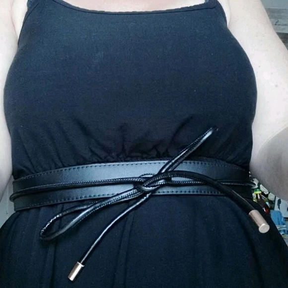 Skinny black boho faux leather waist Obi self tie vegan wrap statement belt - Picture 8 of 15